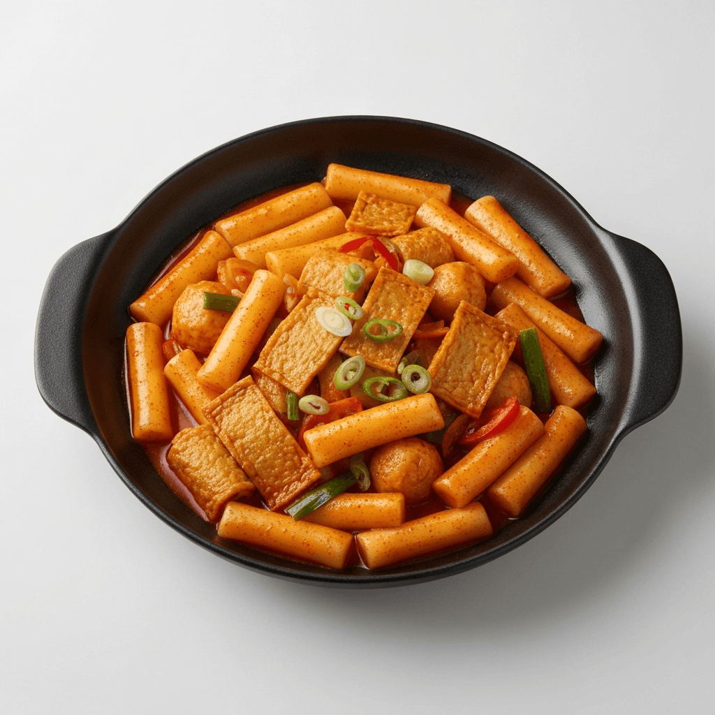 Korean Spicy Rice Cakes (Tteokbokki) with Fish Cakes and Gochujang Sauce