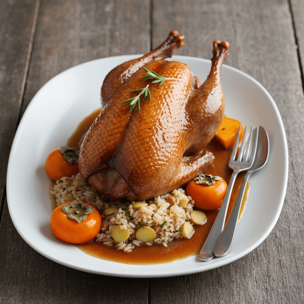 Honey-Glazed Roast Duck with Persimmon and Ginger Stuffing