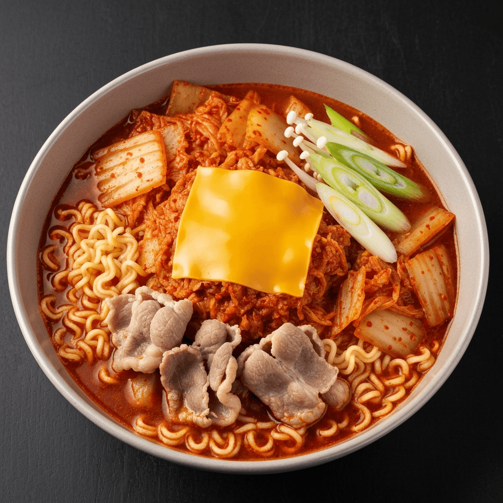 Spicy Kimchi and Pork Nabe with Ramen and Cheddar Cheese