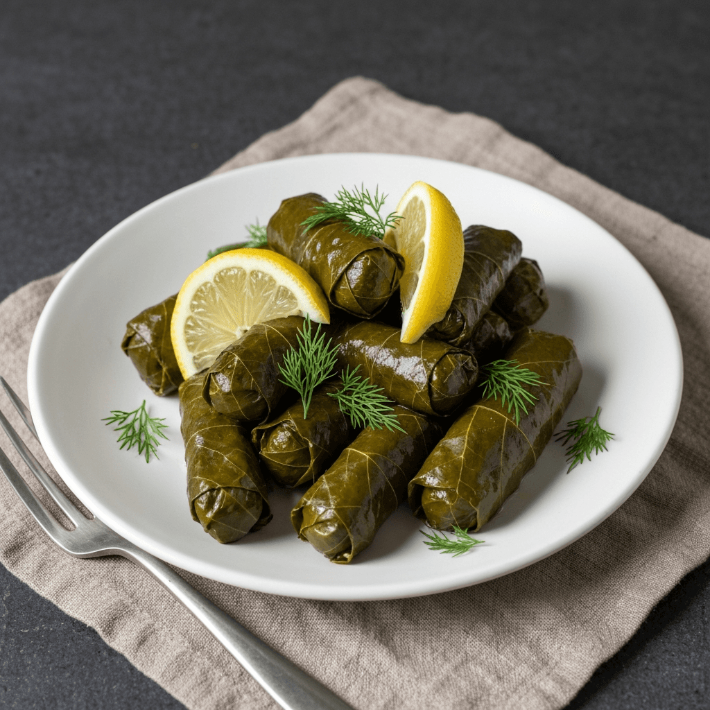 Yaprak Dolması (Vegan Stuffed Grape Leaves) with Lemon and Dill
