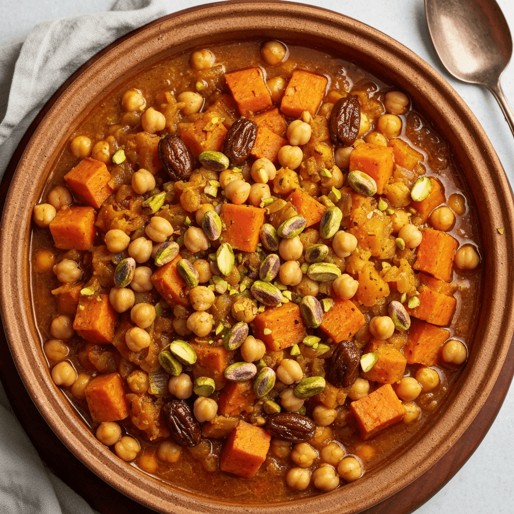 Sweet Potato and Chickpea Tagine with Honey-Glazed Dates and Pistachios