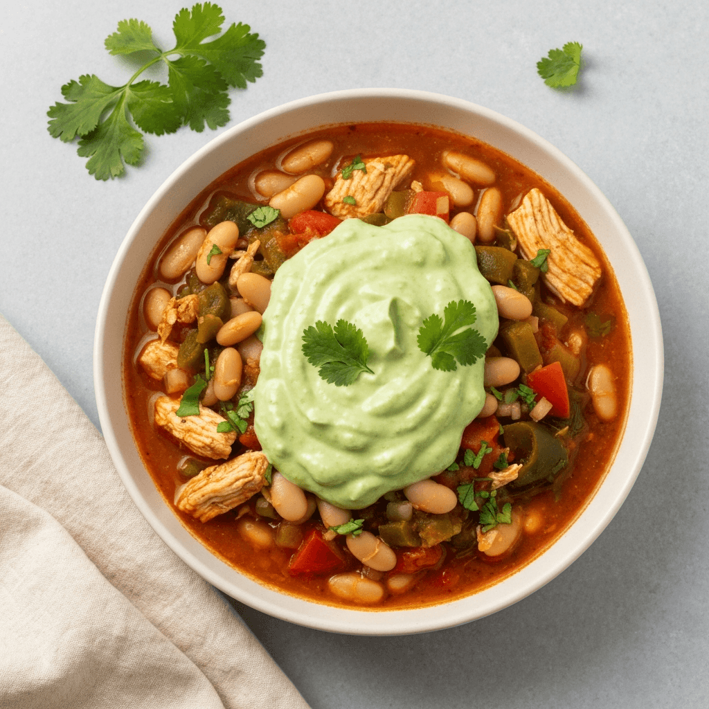 White Bean Chicken Chili Verde with Avocado Crema