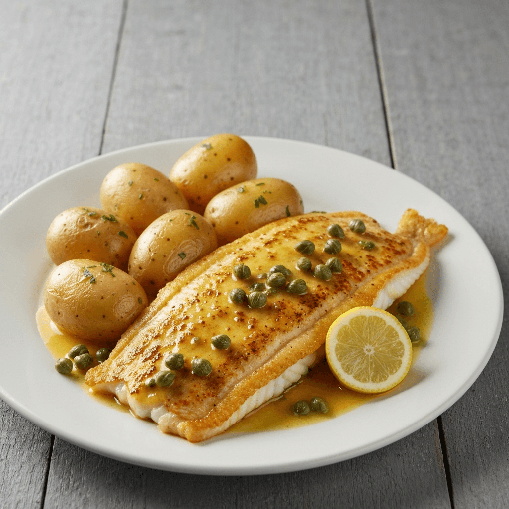 Pan-Fried Jersey Plaice with Lemon Brown Butter and Capers, served with Jersey Royal Potatoes