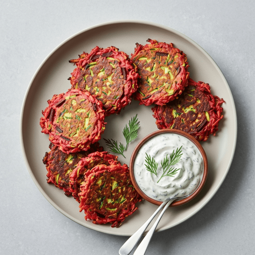 Courgette and Beetroot Fritters with Dill Yogurt