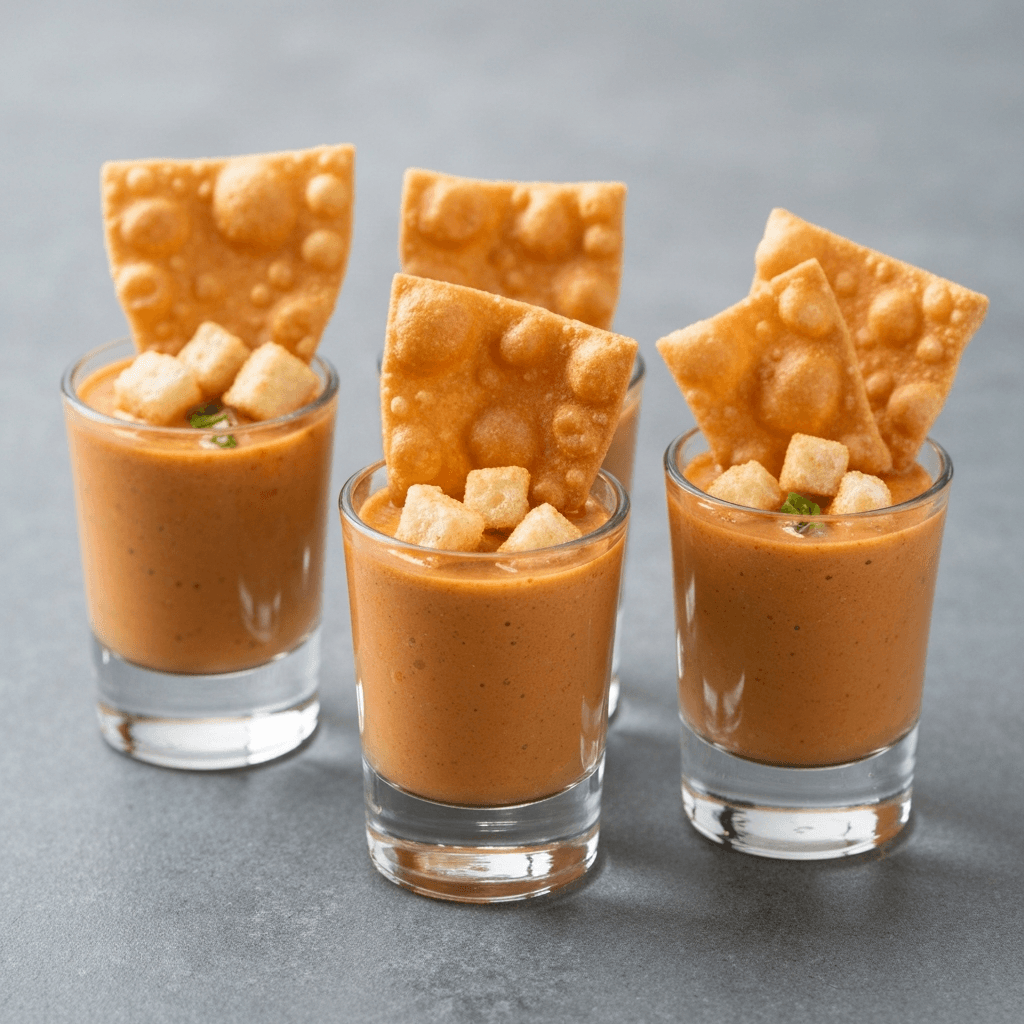 Iced Coconut Laksa Soup Shooters with Mini Roti Prata Croutons