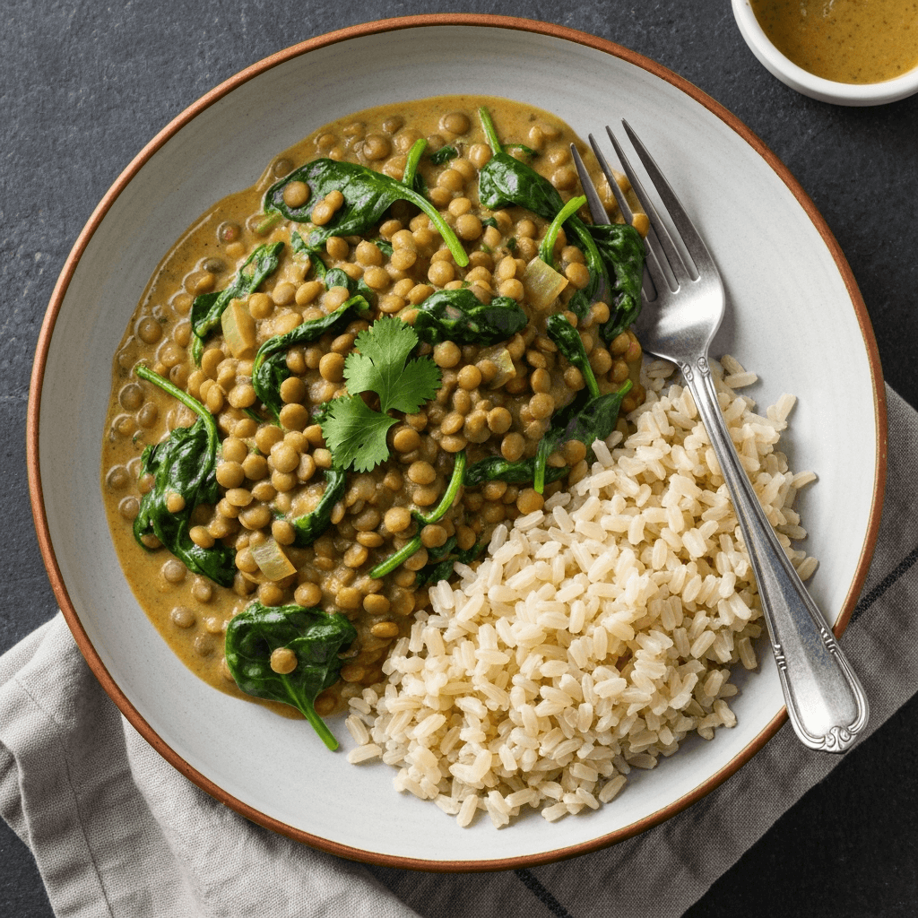 Spinach and Lentil Dahl with Coconut Milk and Brown Rice