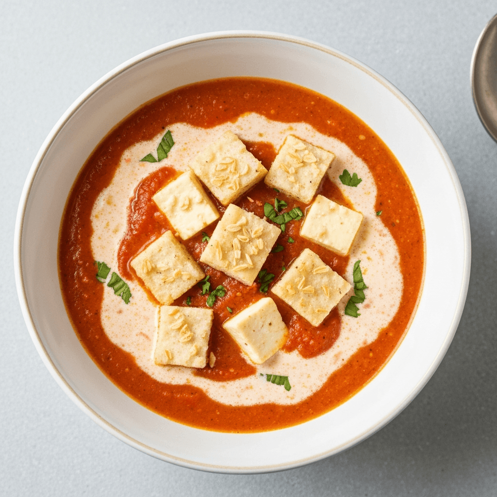 Creamy Tomato and Paneer Soup with Crispy Garlic Naan Croutons