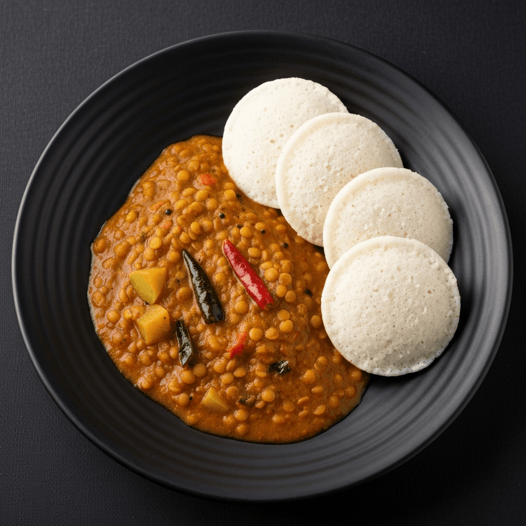 Spicy Lentil and Vegetable Curry (Sambar) with Idli