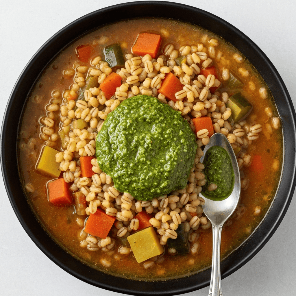 Winter Vegetable and Barley Stew with Pesto