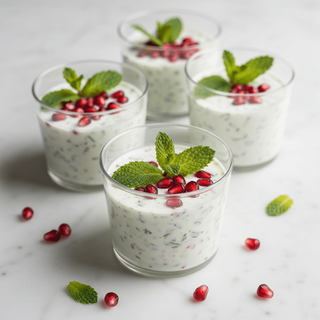 Cucumber and Mint Raita Cups with Pomegranate Seeds