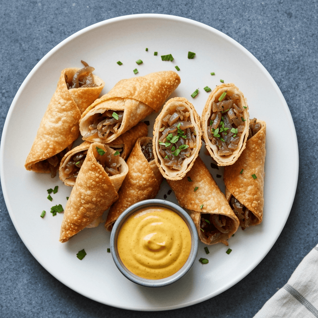 French Onion Soup Inspired Egg Rolls with Spicy Mustard