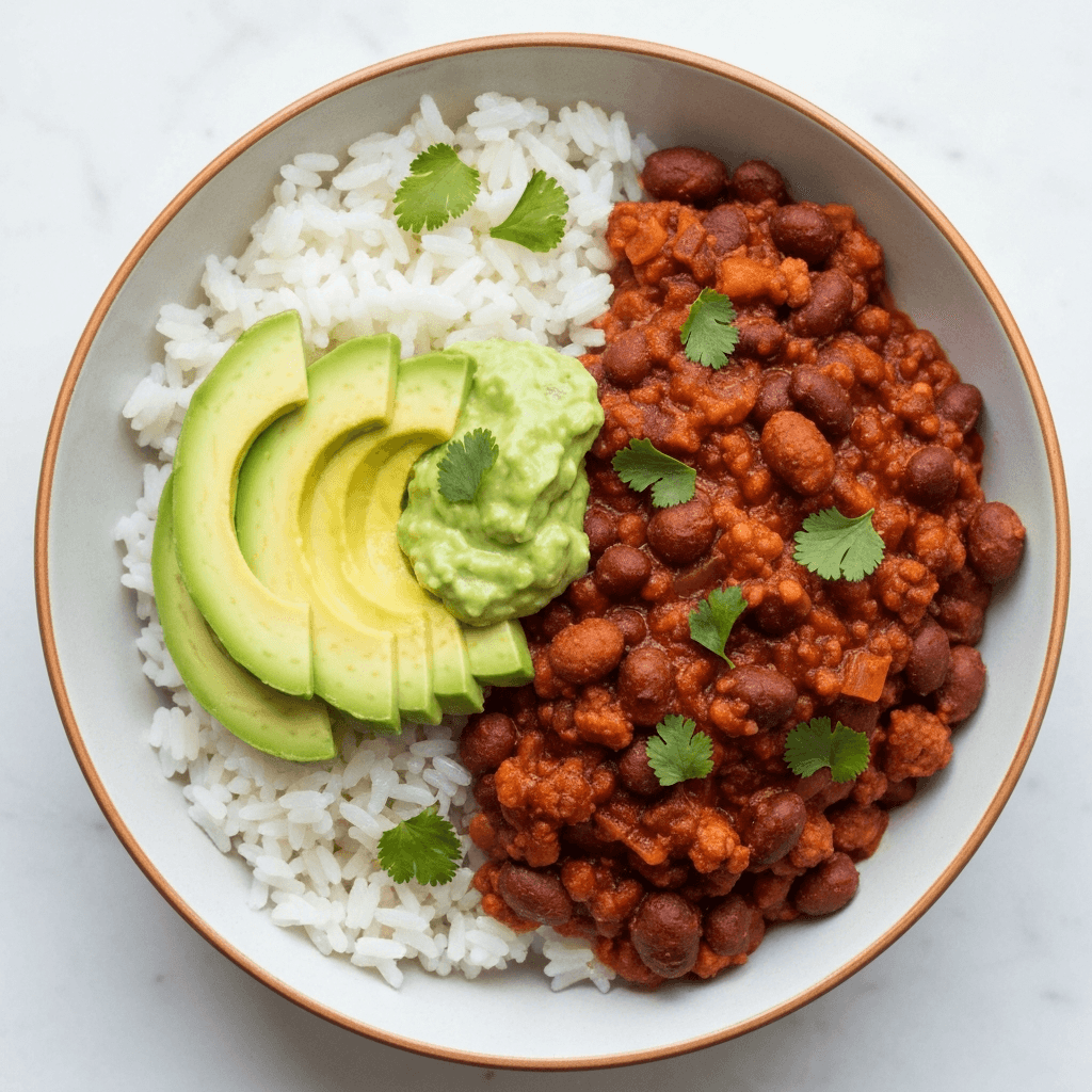 Chili Rice Bowls with Avocado and Cilantro Lime Dressing