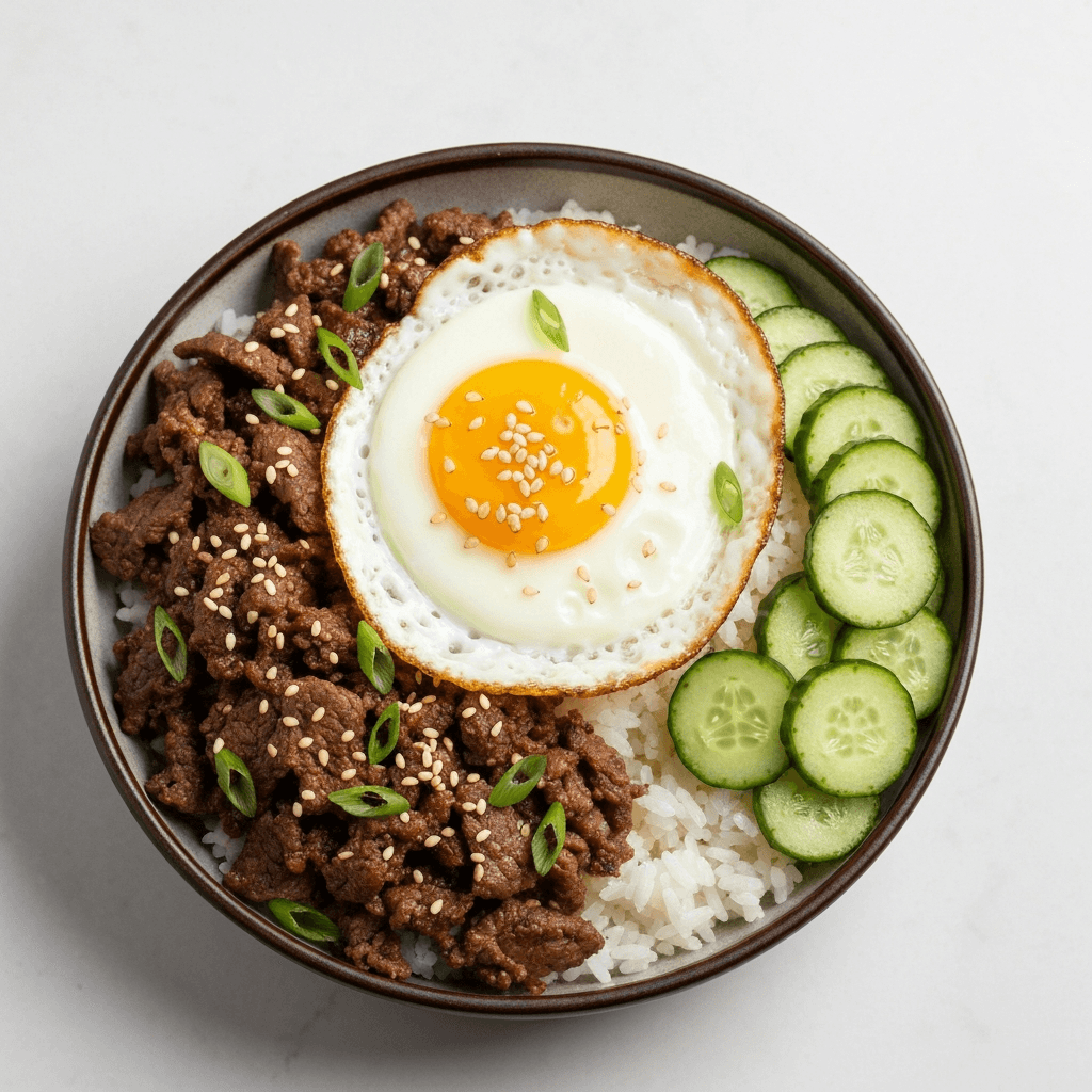 Korean BBQ Beef & Rice Bowl with Quick Pickled Cucumbers