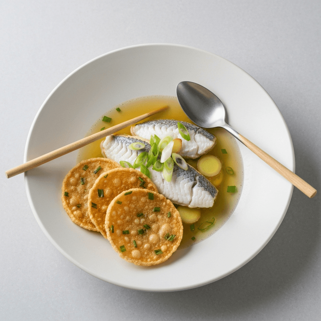 Ginger & Spring Onion Fish Soup with Sourdough Scallion Pancakes