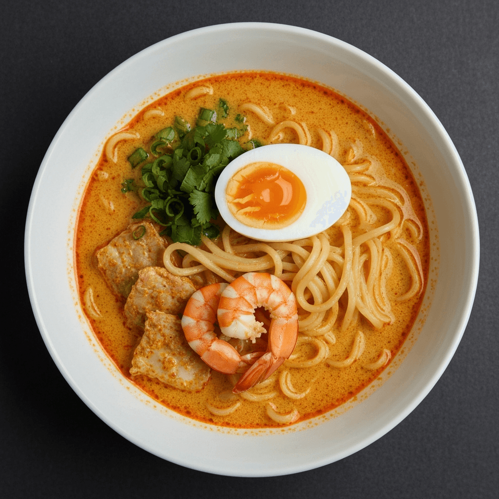 Coconut Curry Laksa Ramen with Soft Boiled Egg & Shrimp (Laksa Soup)