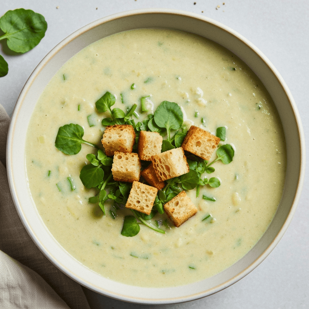 Creamy Jersey Potato & Watercress Soup with Crispy Croutons