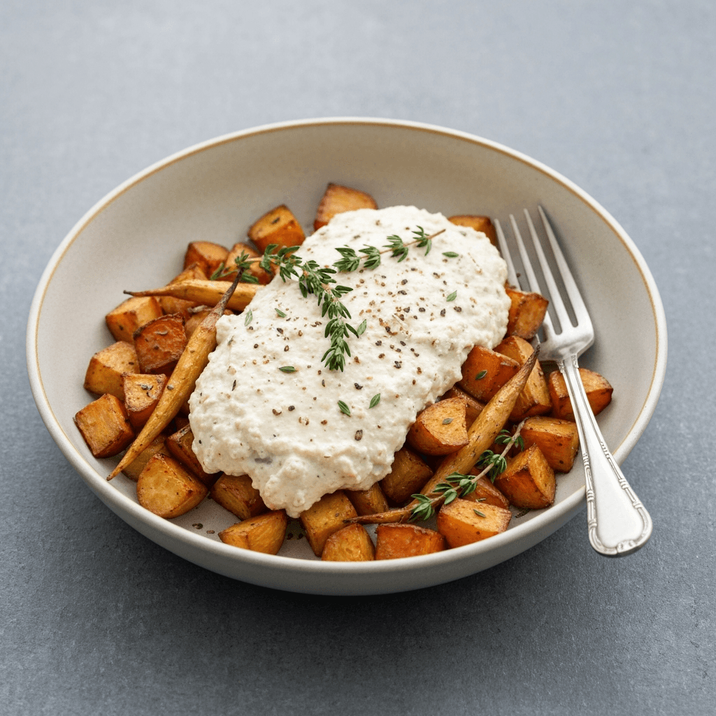 Roasted Jersey Milk with Root Vegetables and Herbs