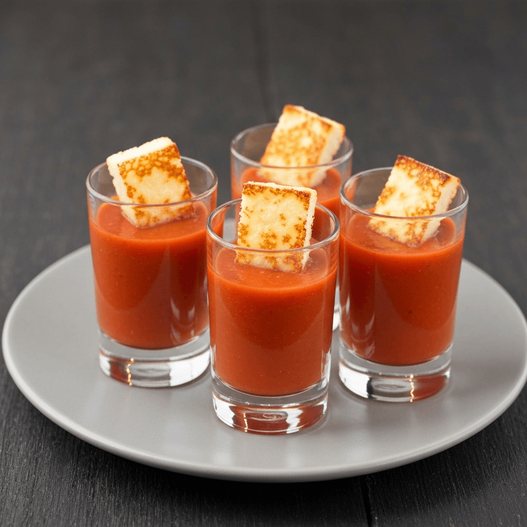 Creamy Tomato Soup Shooters with Grilled Cheese Croutons