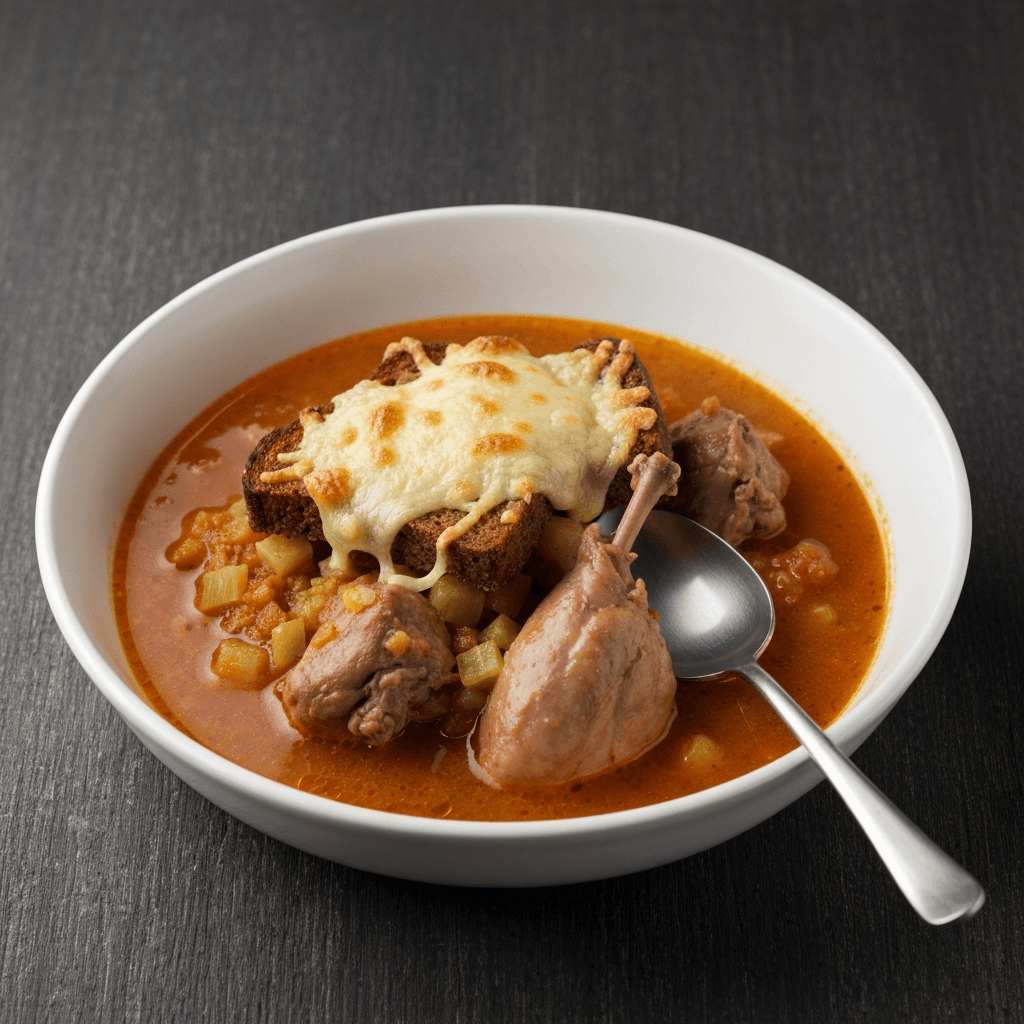 Solyanka-Braised Rabbit with Rye Bread Gratin: A Hearty Soup