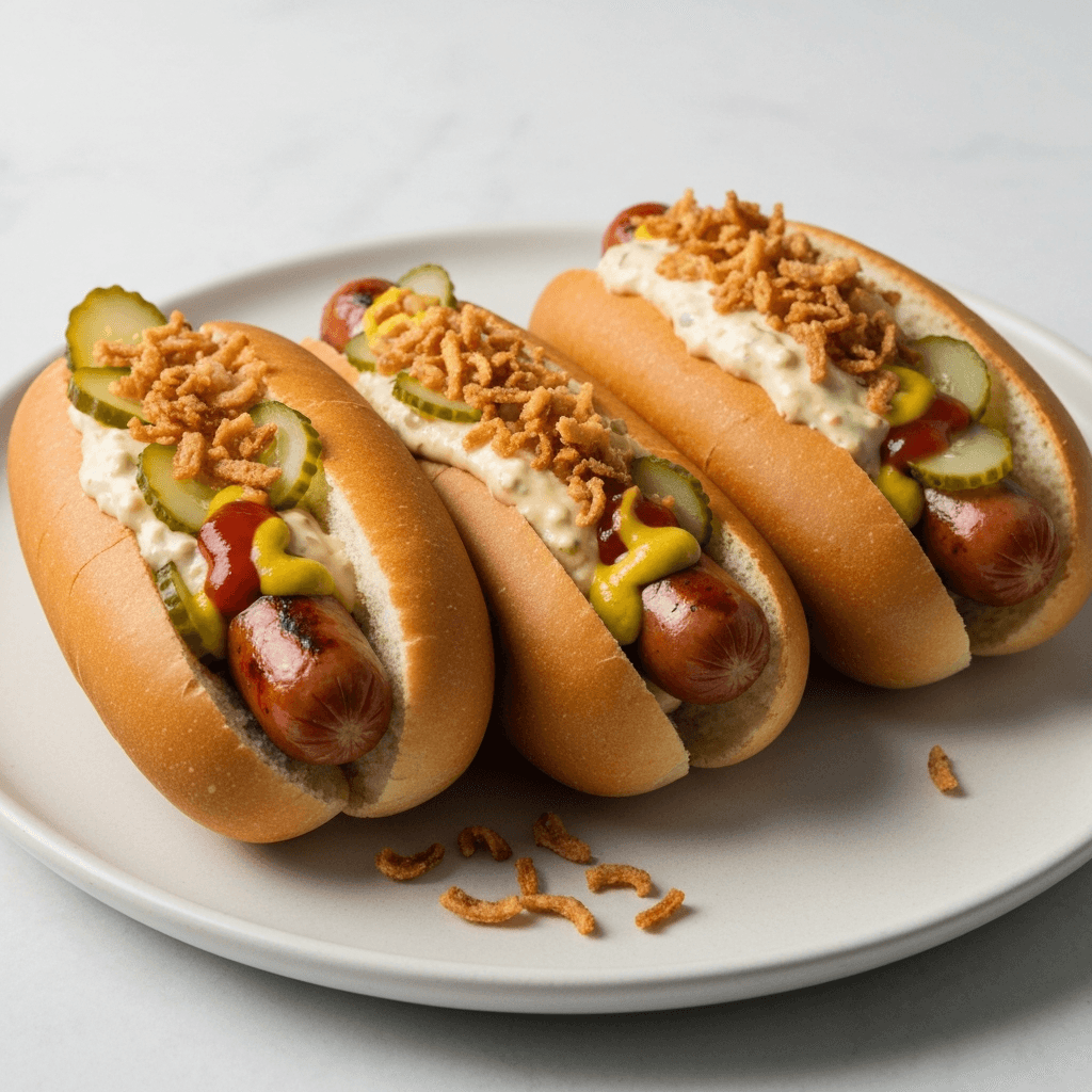 Danish Hot Dogs (Pølser) with Remoulade, Mustard, and Crispy Fried Onions