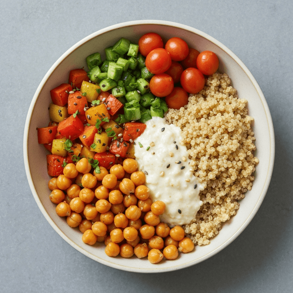 Roasted Vegetable and Chickpea Quinoa Bowl with Lemon-Tahini Dressing