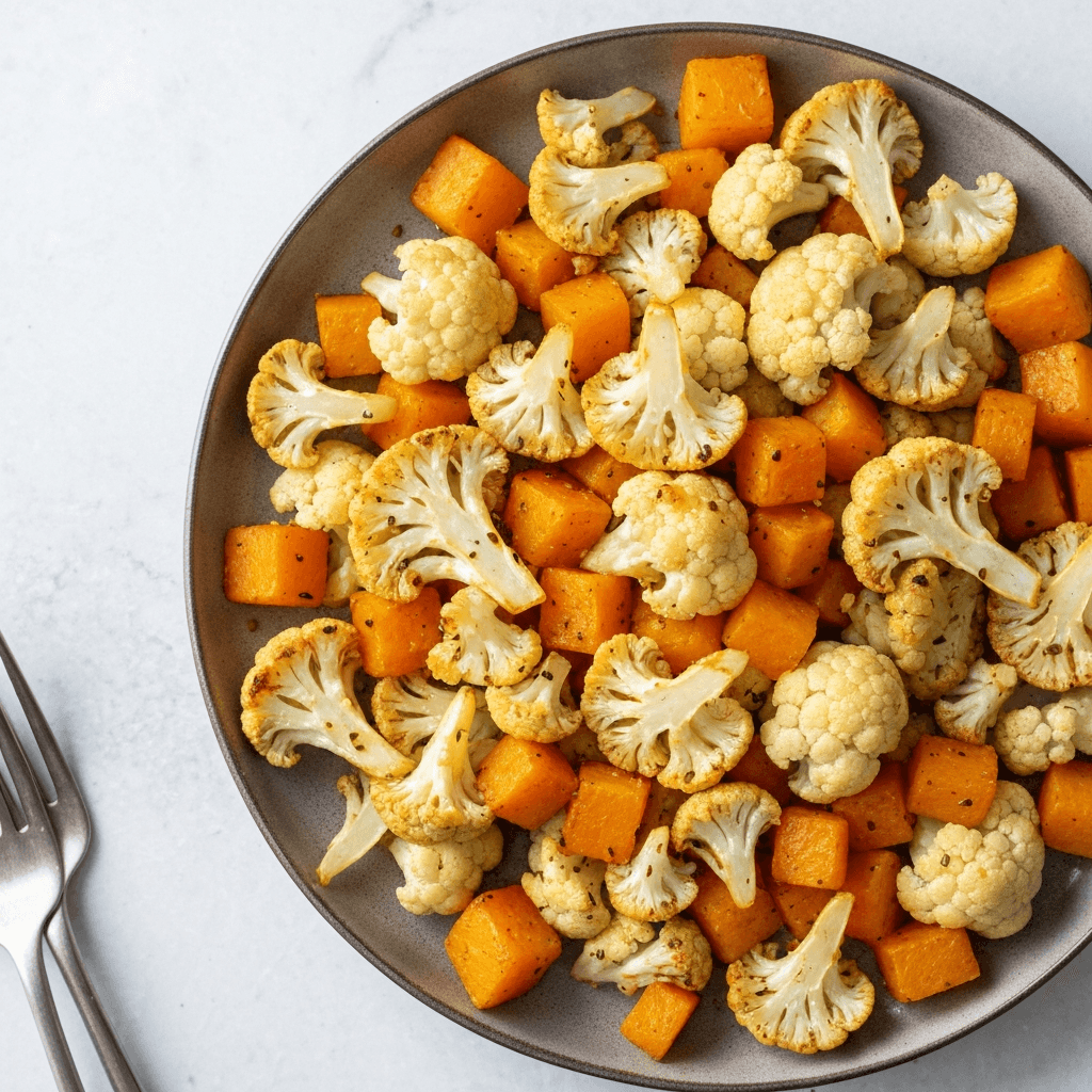 Roasted Butternut Squash and Cauliflower with Maple-Mustard Glaze