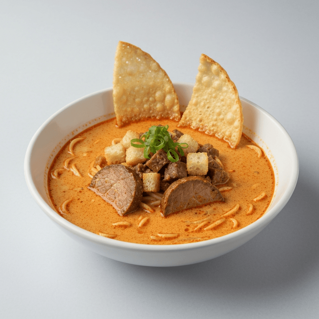 Laksa Bak Chor Mee Soup with Sourdough Croutons & Tau Pok