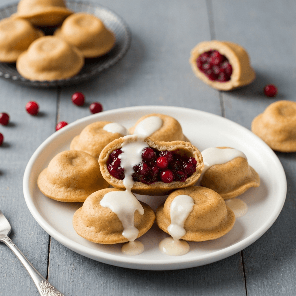 Gingerbread Pelmeni with Cranberry Filling and Vanilla Bean Glaze