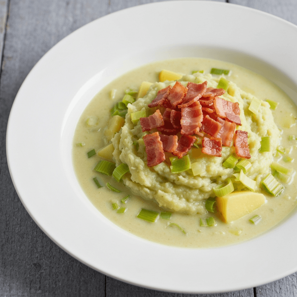 Creamy Jersey Royal Potato and Leek Soup with Crispy Jersey Bacon