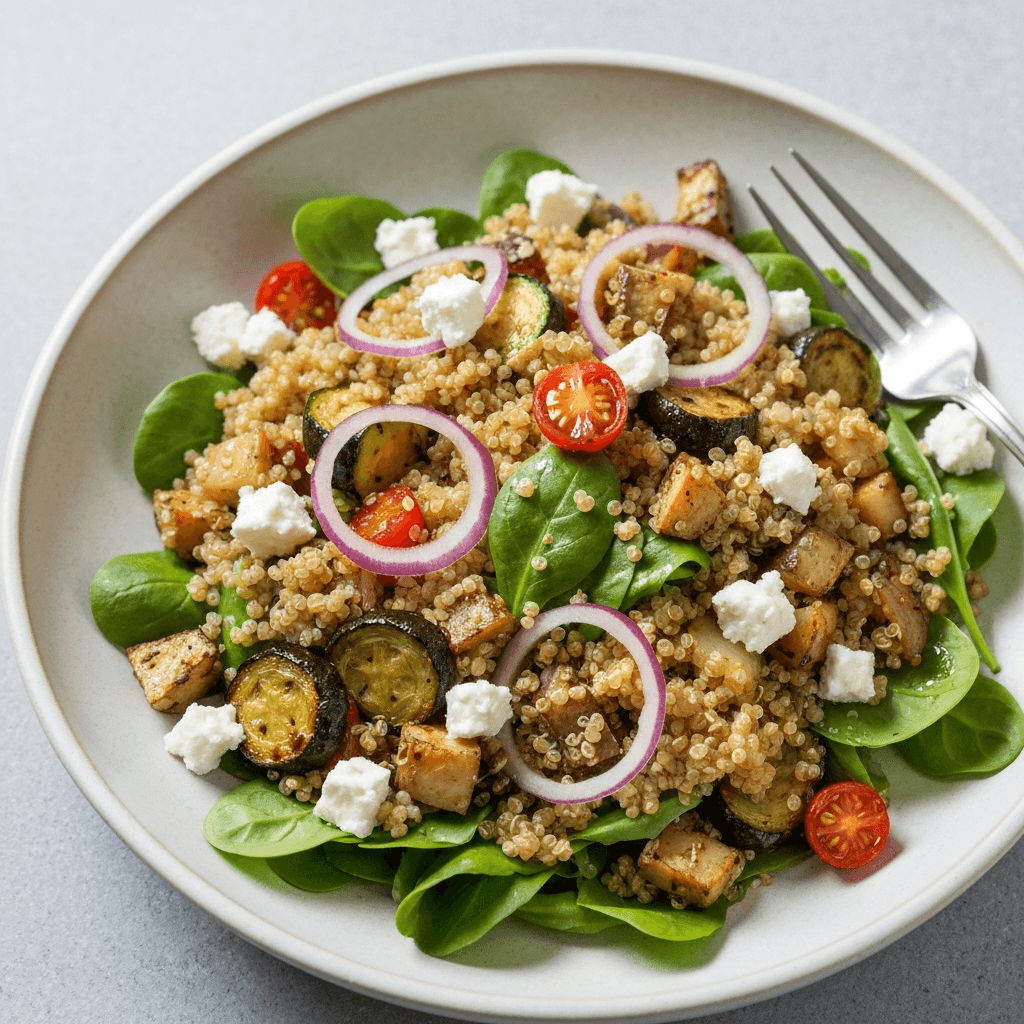 Quinoa Salad with Roasted Vegetables, Feta, and Lemon Vinaigrette