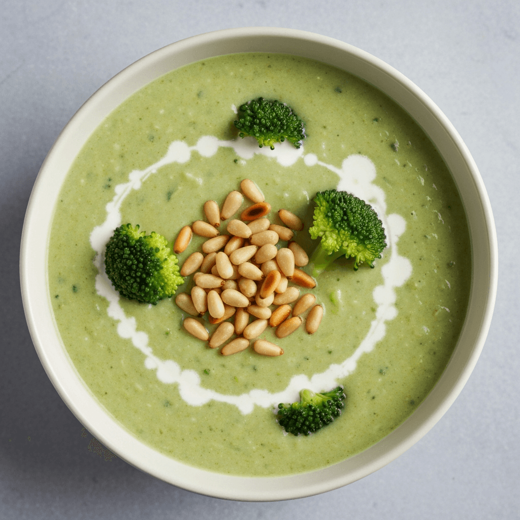 Creamy Broccoli and Parmesan Soup with Toasted Pine Nuts