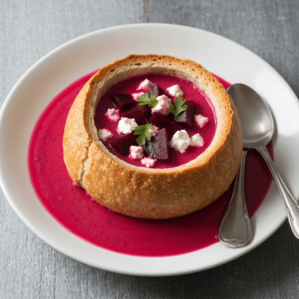 Beetroot and Goat Cheese Pampushky Bread Bowl Soup