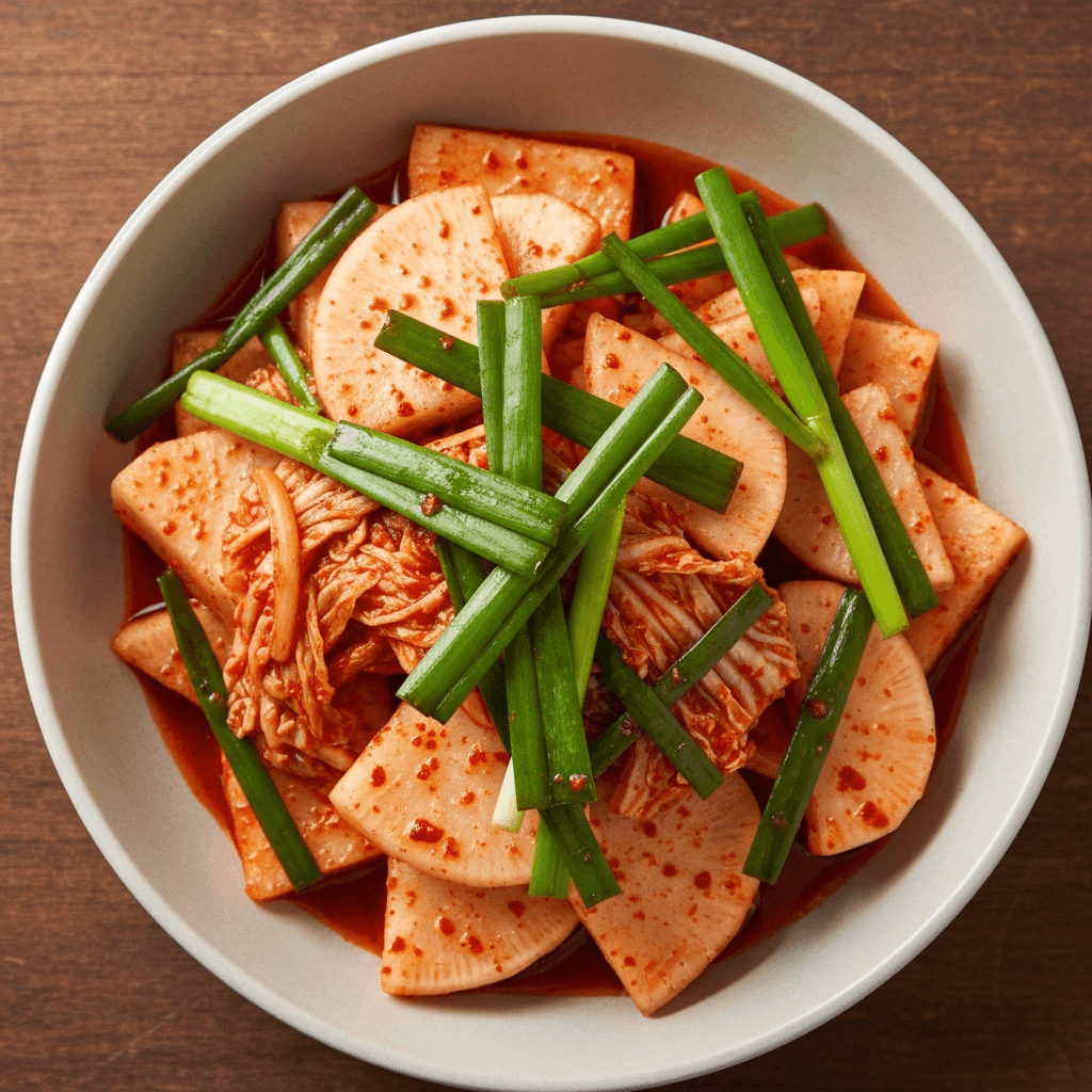 Spicy Radish Kimchi (Kkakdugi) with Green Onions