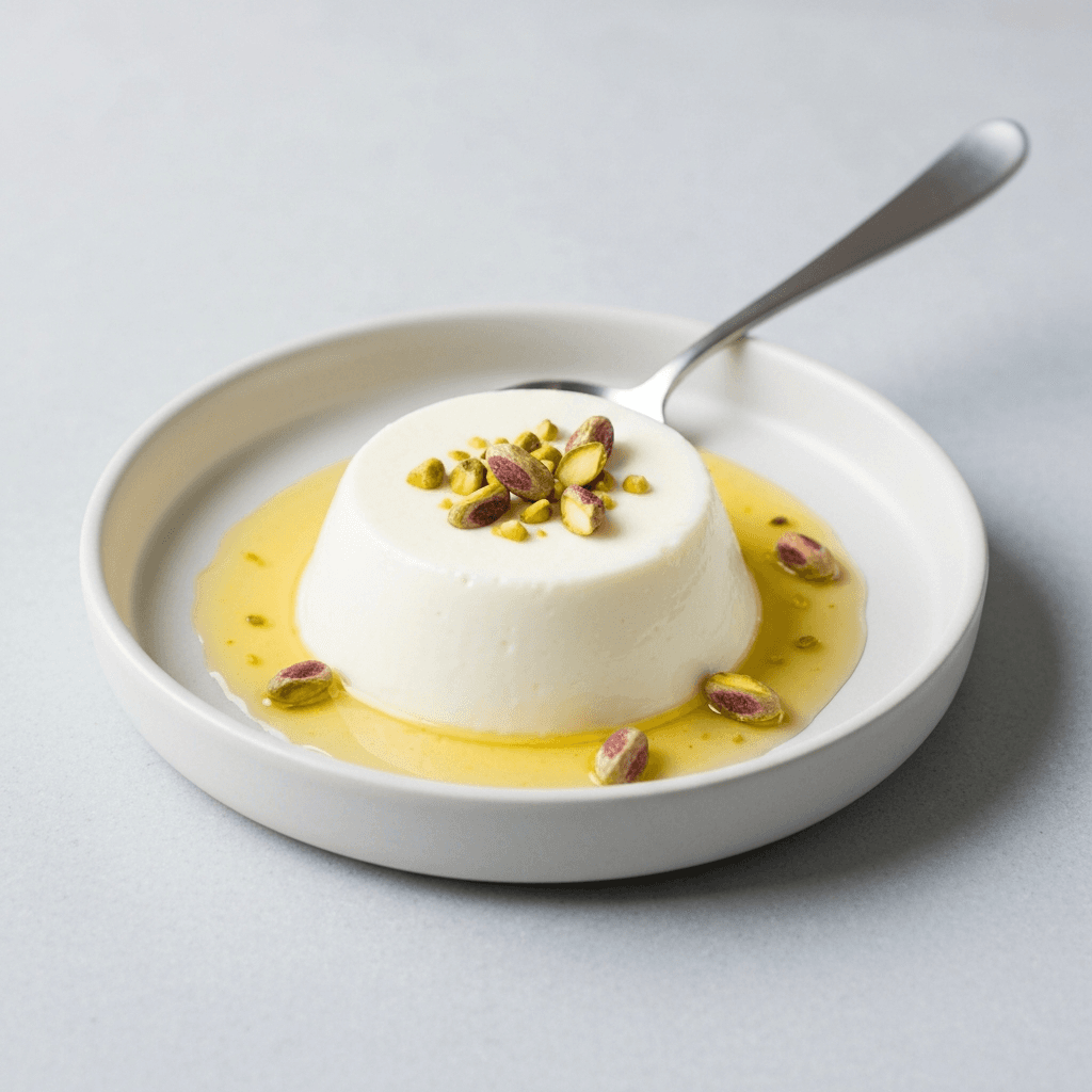 Greek Yogurt Panna Cotta with Pistachios and Orange Blossom Water