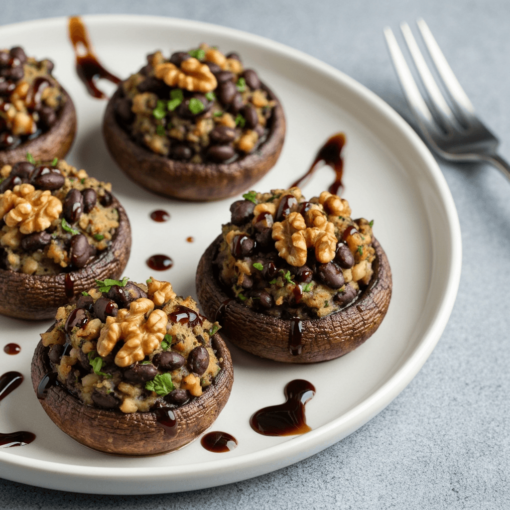 Black Bean and Walnut Stuffed Mushrooms with Balsamic Glaze
