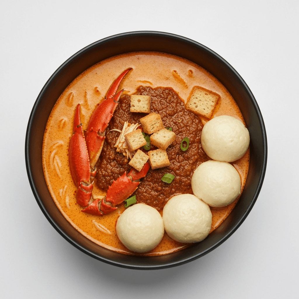 Chili Crab Laksa Soup with Sourdough Croutons & Mantou Dumplings