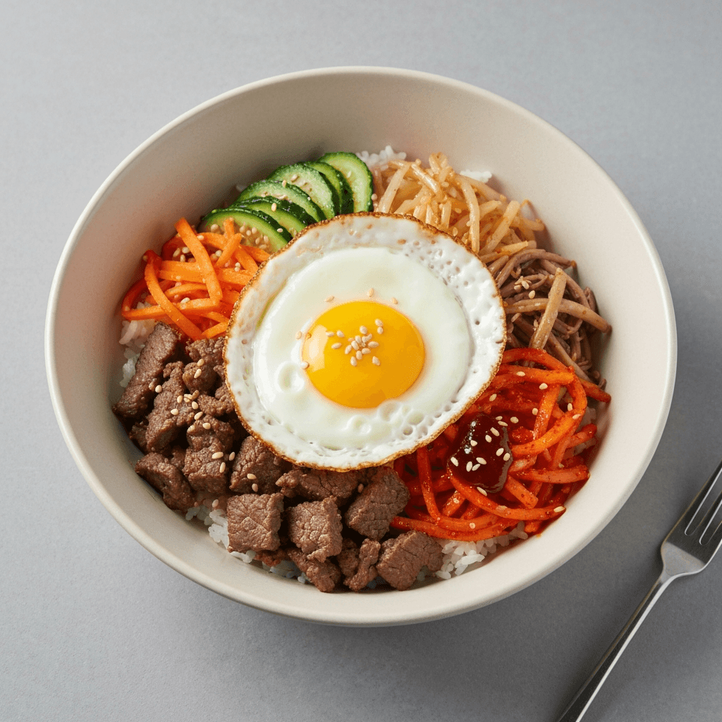 Korean BBQ Beef Bibimbap with Fried Egg and Gochujang Sauce