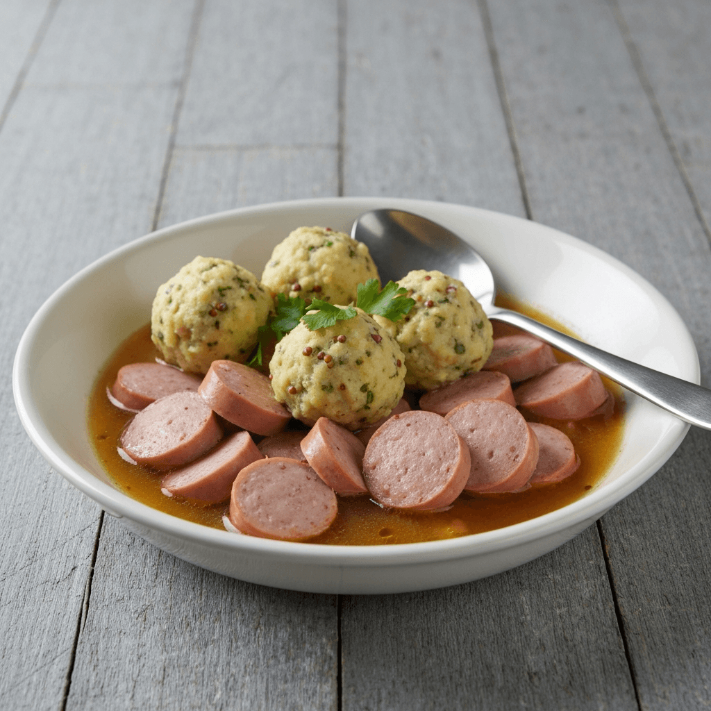 Weisswurst Eintopf with Sweet Mustard Dumplings
