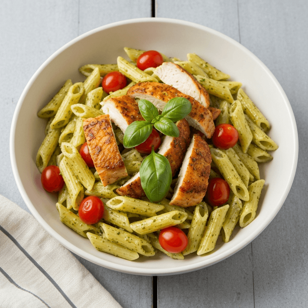 Creamy Pesto Pasta with Roasted Chicken and Cherry Tomatoes