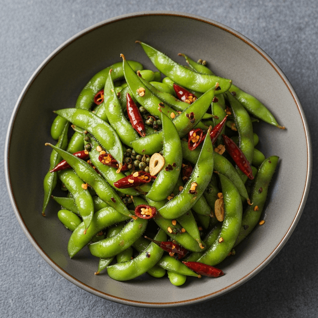 Sichuan Spicy Edamame with Garlic and Chili Flakes