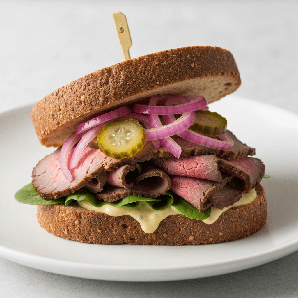 Open-Faced Rye Sandwich with Roast Beef, Pickled Onions & Creamy Mustard Sauce