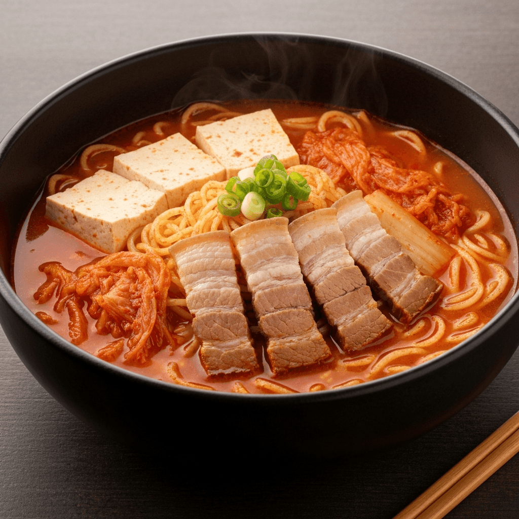 Korean Kimchi Noodle Soup with Pork Belly and Tofu