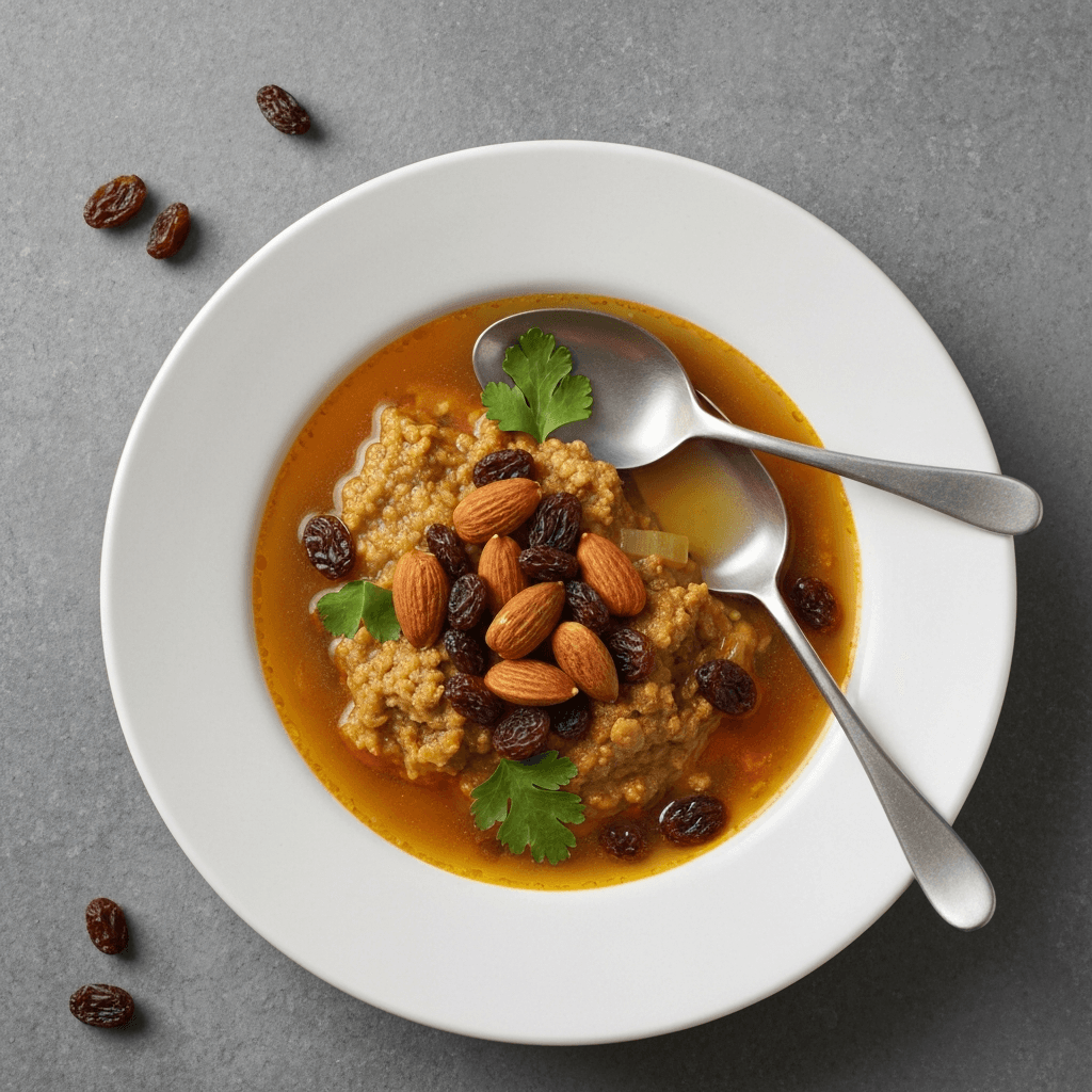 Bobotie Soup with Toasted Almonds and Raisins