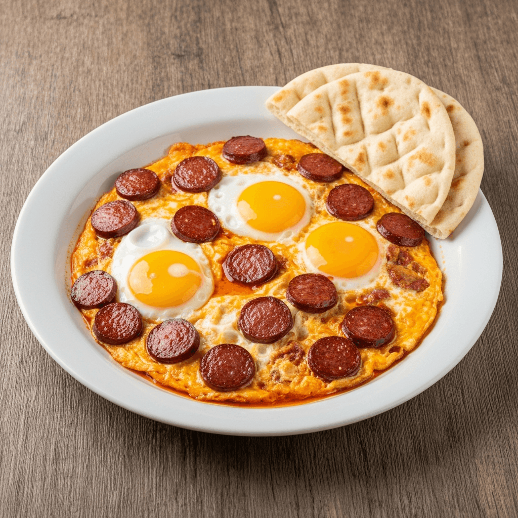 Sucuklu Yumurta (Turkish Sausage and Eggs) with Flatbread