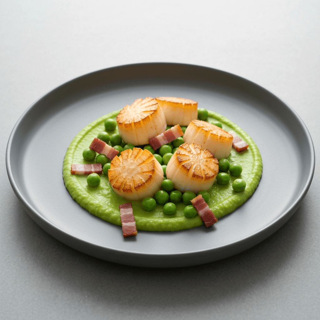 Pan-Roasted Jersey Scallops with Jersey Royal Pea Purée and Crispy Pancetta