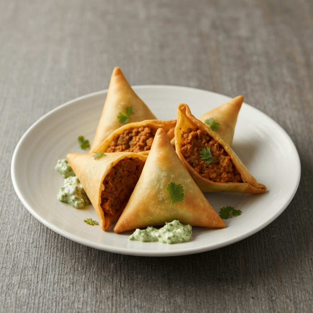 Spicy Bobotie Samosas with Mint-Coriander Chutney