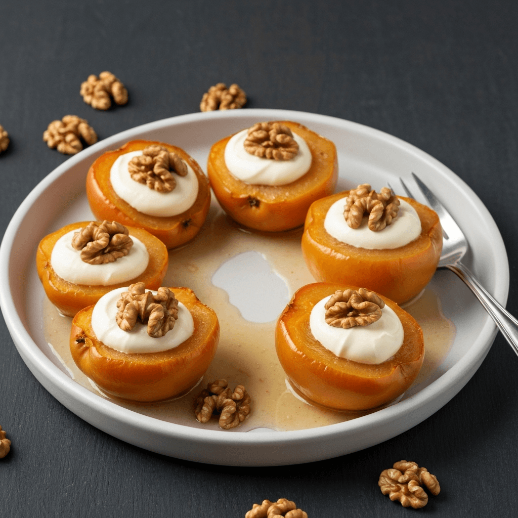 Baked Quince (Ayva Tatlısı) with Clotted Cream and Walnuts