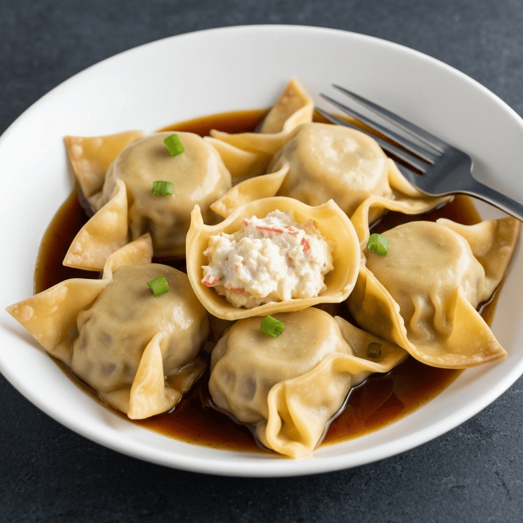 Crab and Cream Cheese Wonton Ravioli with Soy Butter Sauce