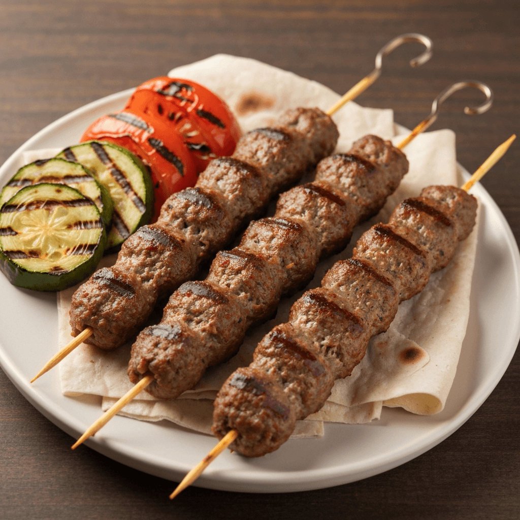 Spicy Adana Kebab Skewers with Grilled Vegetables