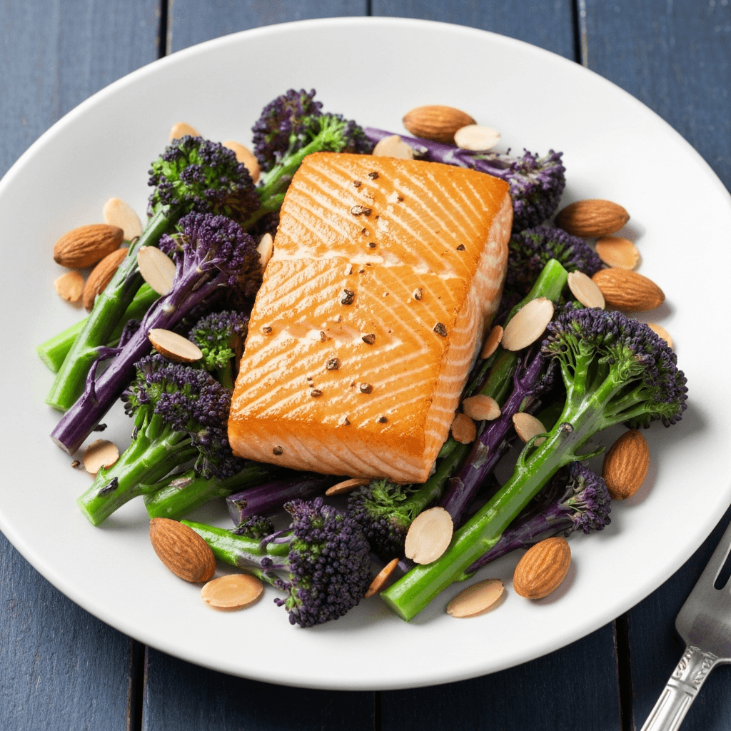 Jersey Butter Roasted Salmon with Purple Sprouting Broccoli & Toasted Almonds